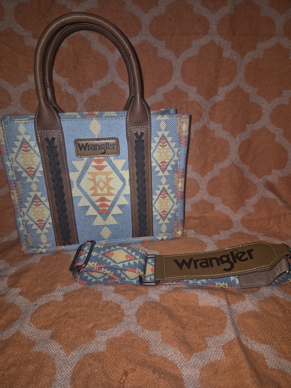 Wrangler Blue Aztec Pattern Tote Bag with Brown Handles